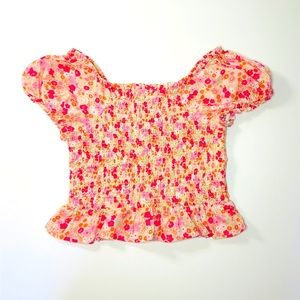 Ever After Girls Smocked Cropped Puff Sleeve Pink Floral Top size 10
